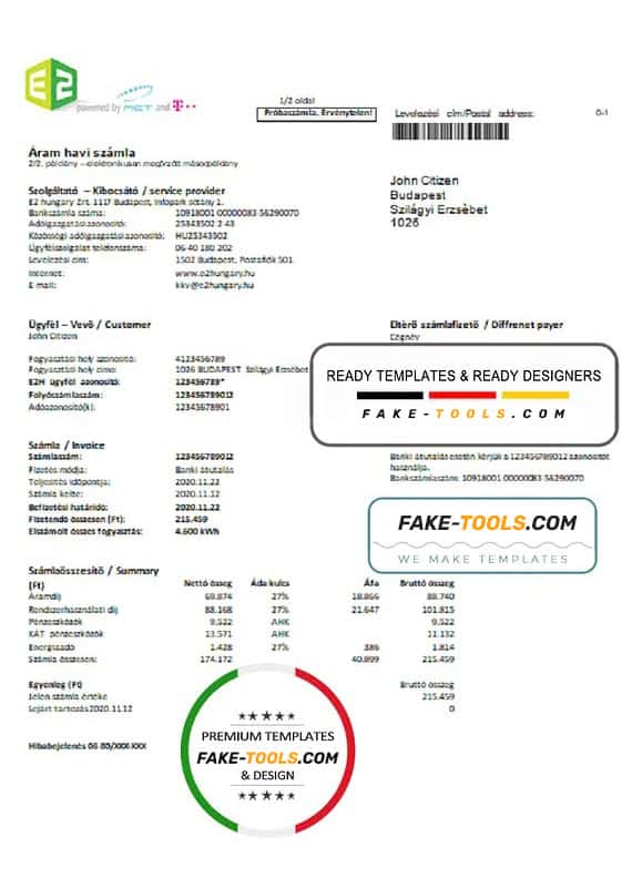 Hungary E2 utility bill template in Word and PDF format Hungary E2 utility bill template in Word and PDF format