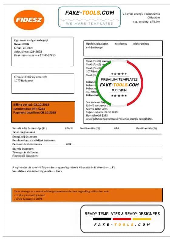 Hungary FIDESZ easy to fill utility bill template in Word and PDF format Hungary FIDESZ easy to fill utility bill template in Word and PDF format