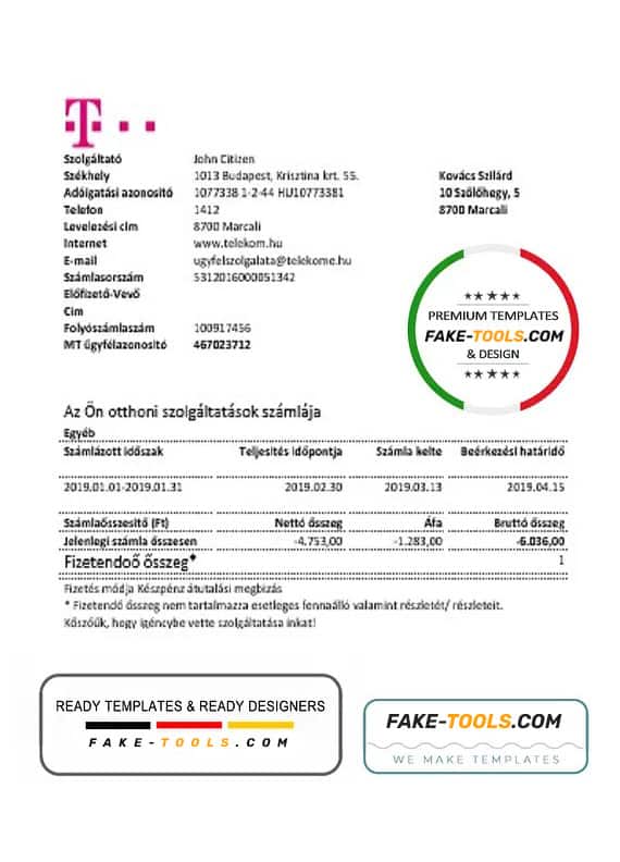 Hungary Magyartel utility bill template in Word and PDF format, fully editable Hungary Magyartel utility bill template in Word and PDF format, fully editable