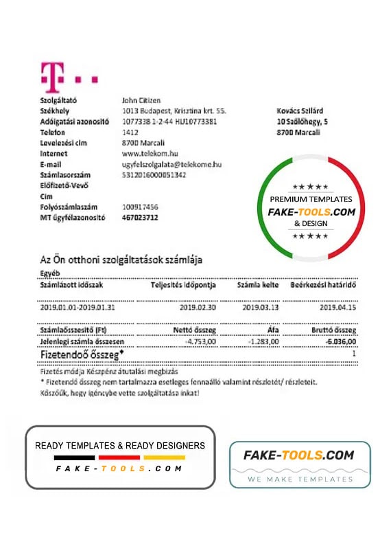 Hungary Magyartel utility bill template in Word and PDF format, fully editable Hungary Magyartel utility bill template in Word and PDF format, fully editable