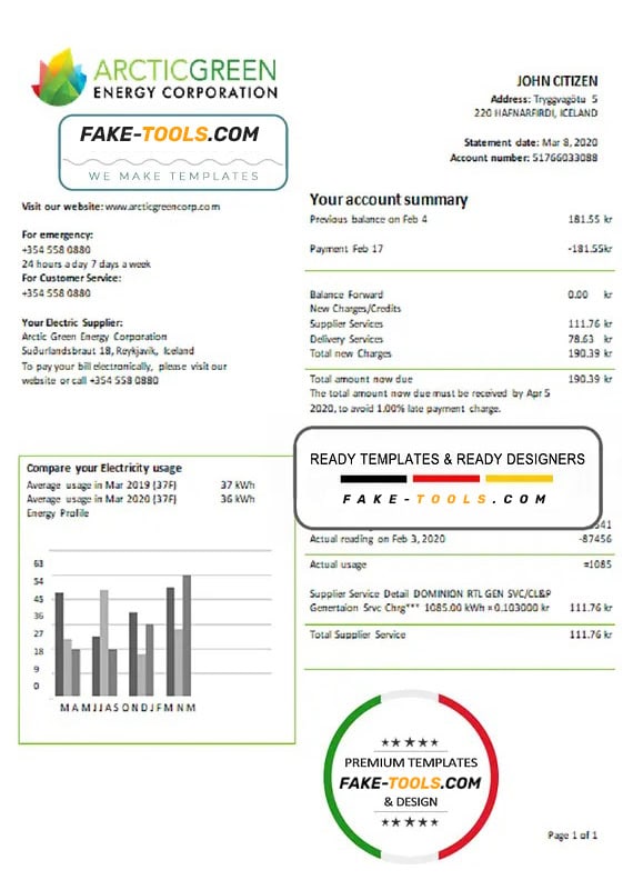 Iceland Arctic Green Energy Corporation electricity utility bill template in Word and PDF Iceland Arctic Green Energy Corporation electricity utility bill template in Word and PDF