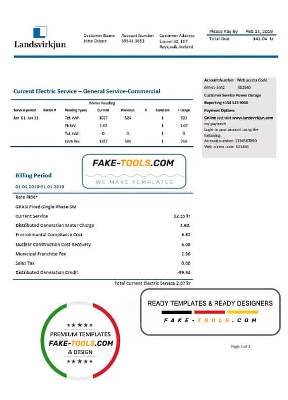 Iceland National Power Company of Iceland Landsvirkjun electricity utility bill template in Word and PDF Iceland National Power Company of Iceland Landsvirkjun electricity utility bill template in Word and PDF