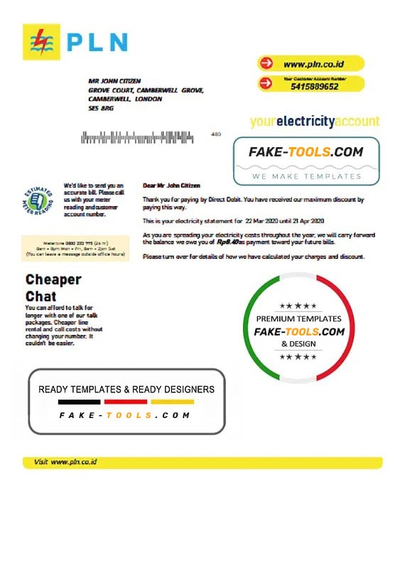 Indonesia PLN electricity utility bill template in Word and PDF format Indonesia PLN electricity utility bill template in Word and PDF format