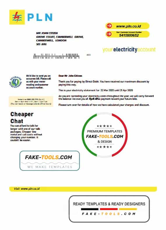 Indonesia PLN electricity utility bill template, fully editable in PSD format Indonesia PLN electricity utility bill template, fully editable in PSD format