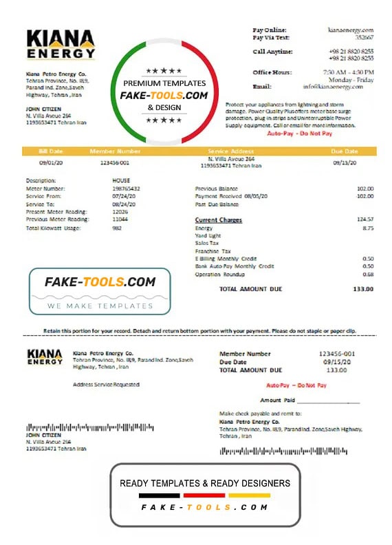 Iran Kiana Petro Energy Co utility bill template in Word and PDF format Iran Kiana Petro Energy Co utility bill template in Word and PDF format