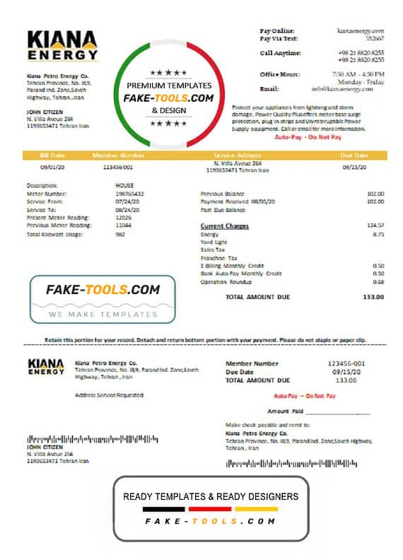 Iran Kiana Petro Energy Co utility bill template in Word and PDF format Iran Kiana Petro Energy Co utility bill template in Word and PDF format