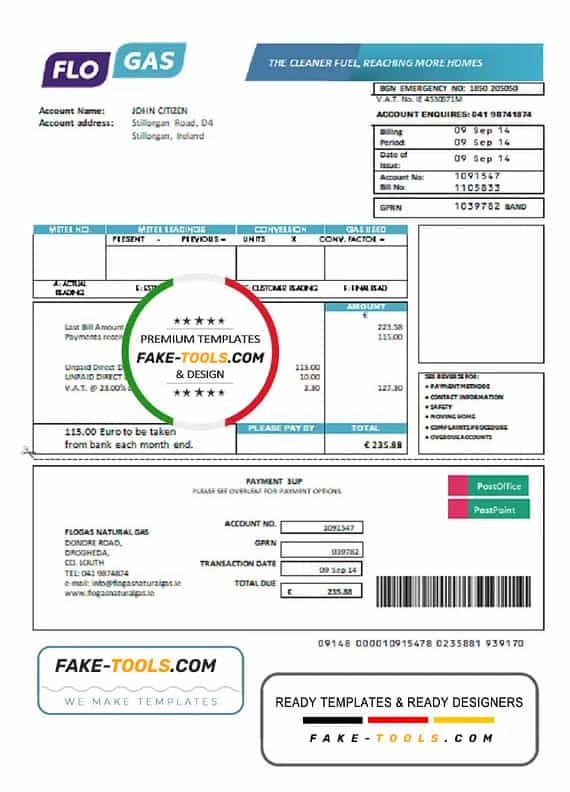 Ireland Flogas natural gas utility bill template in Word and PDF format Ireland Flogas natural gas utility bill template in Word and PDF format