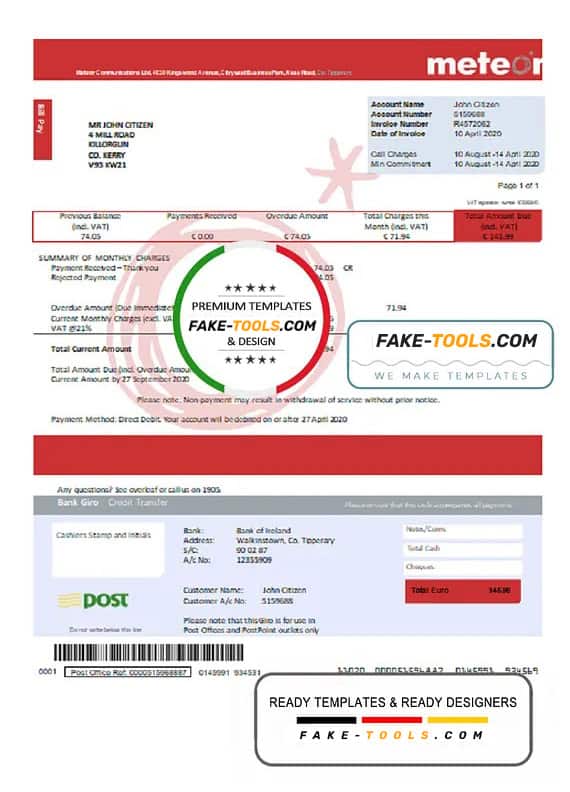 Ireland Meteor utility bill template fully editable in PSD format Ireland Meteor utility bill template fully editable in PSD format
