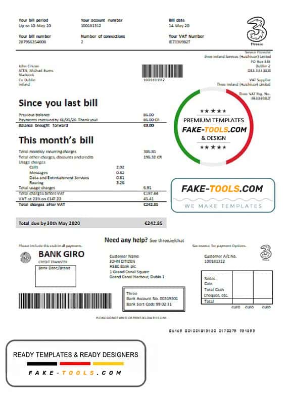 Ireland Three.ie utility bill template in Word and PDF format Ireland Three.ie utility bill template in Word and PDF format