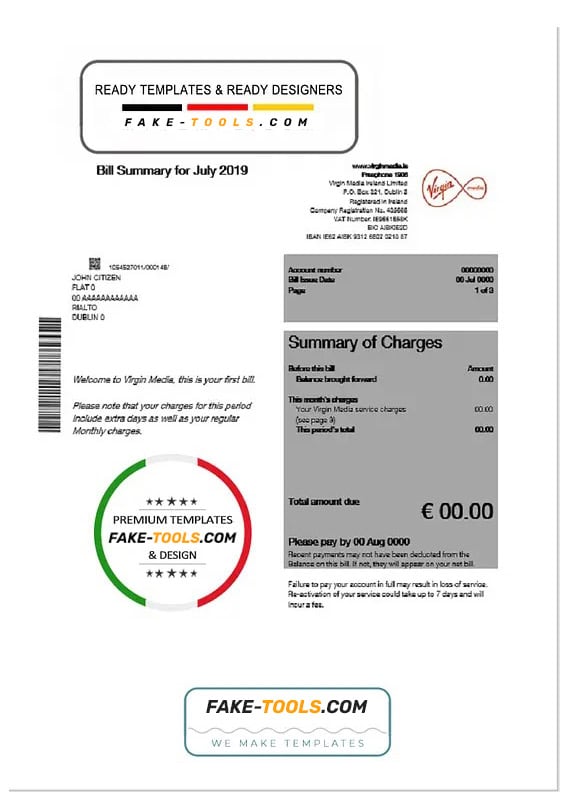Ireland Virgin Media utility bill template editable in Word and PDF, version 1 Ireland Virgin Media utility bill template editable in Word and PDF, version 1