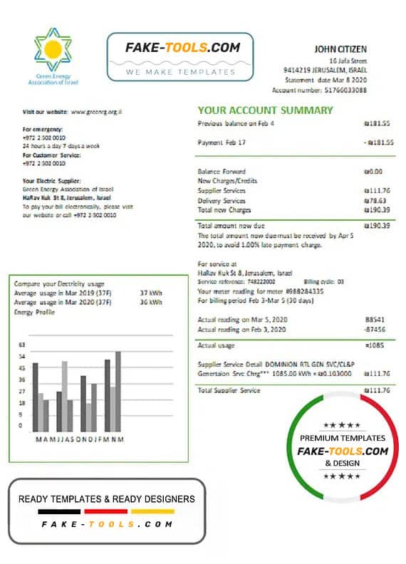 Israel Green Energy Association of Israel utility bill template in Word and PDF format (doc) Israel Green Energy Association of Israel utility bill template in Word and PDF format (doc)