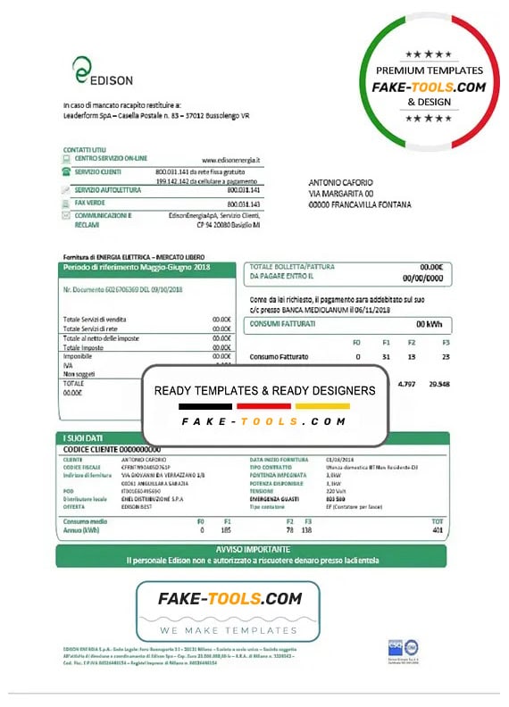 Italy Edison utility bill template in Word and PDF format, good for address prove Italy Edison utility bill template in Word and PDF format, good for address prove