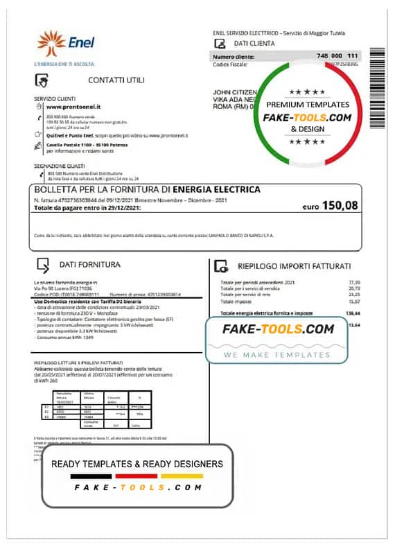 Italy Enel electricity utility bill template in Word and PDF format Italy Enel electricity utility bill template in Word and PDF format