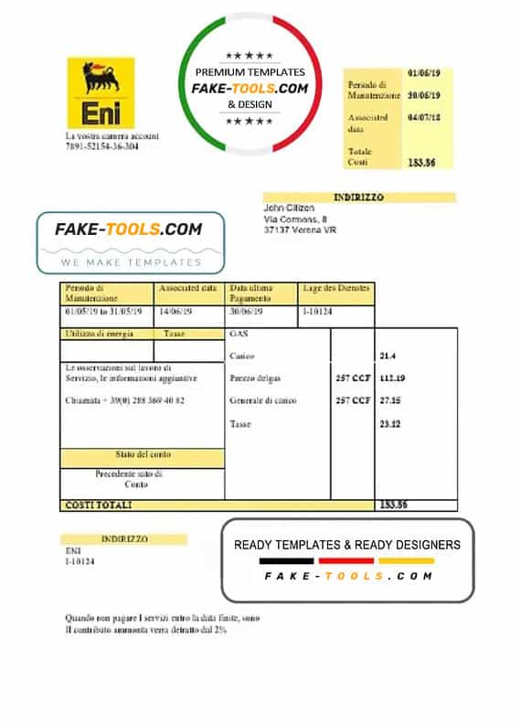 Italy Gas utility bill template in .doc and .pdf format, fully editable Italy Gas utility bill template in .doc and .pdf format, fully editable