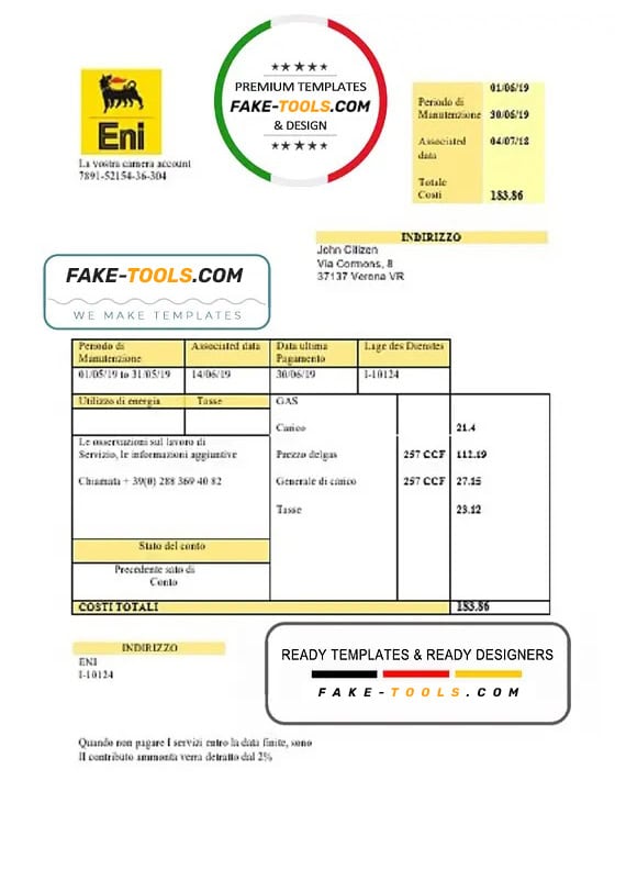 Italy Gas utility bill template in .doc and .pdf format, fully editable Italy Gas utility bill template in .doc and .pdf format, fully editable