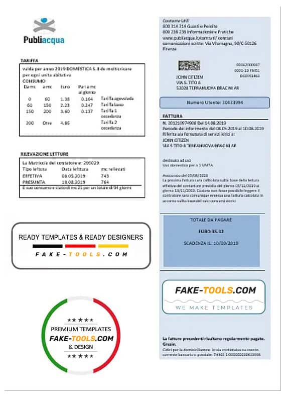 Italy Publiacqua utility bill template in Word and PDF format Italy Publiacqua utility bill template in Word and PDF format