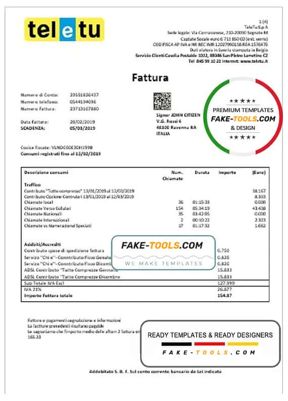 Italy TeleTu utility bill template in Word and PDF format Italy TeleTu utility bill template in Word and PDF format
