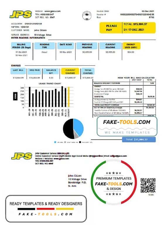 Jamaica Public Service Company Limited (JPS) electricity utility bill template in Word and PDF format Jamaica Public Service Company Limited (JPS) electricity utility bill template in Word and PDF format