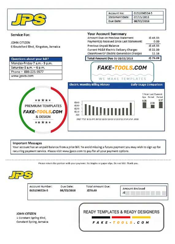 Jamaica Public Service (JPS) electricity utility bill template in Word and PDF format Jamaica Public Service (JPS) electricity utility bill template in Word and PDF format