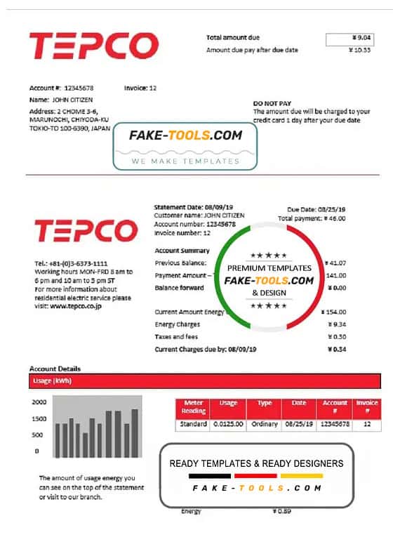 Japan Tokyo Electric Power Company (TEPCO) electricity utility bill template in Word and PDF format Japan Tokyo Electric Power Company (TEPCO) electricity utility bill template in Word and PDF format