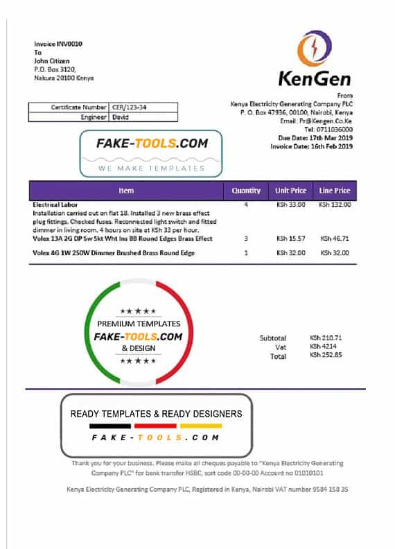 Kenya KenGen Electricity Generating Company utility bill template in Word and PDF format Kenya KenGen Electricity Generating Company utility bill template in Word and PDF format