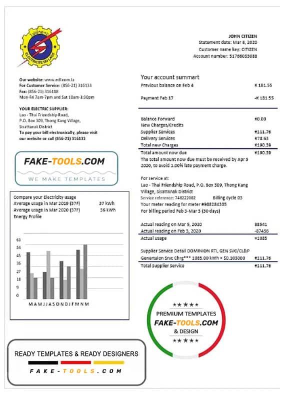 Laos Electricite du Laos electricity utility bill template in Word and PDF format Laos Electricite du Laos electricity utility bill template in Word and PDF format