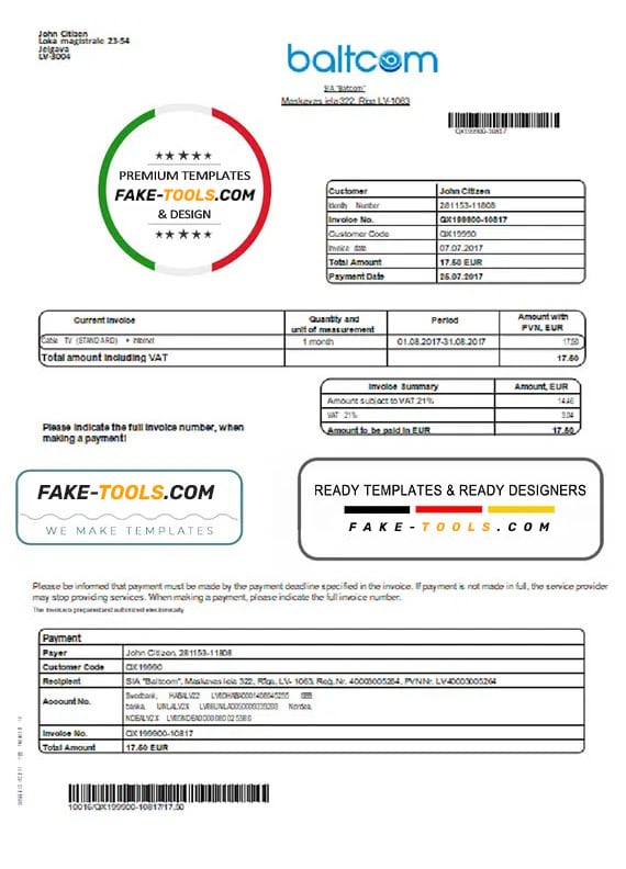 Latvia Baltcom telecommunications utility bill template in Word and PDF format (English version) Latvia Baltcom telecommunications utility bill template in Word and PDF format (English version)