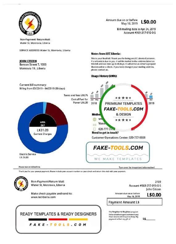 Liberia Electricity Corporation utility bill template in Word and PDF format Liberia Electricity Corporation utility bill template in Word and PDF format