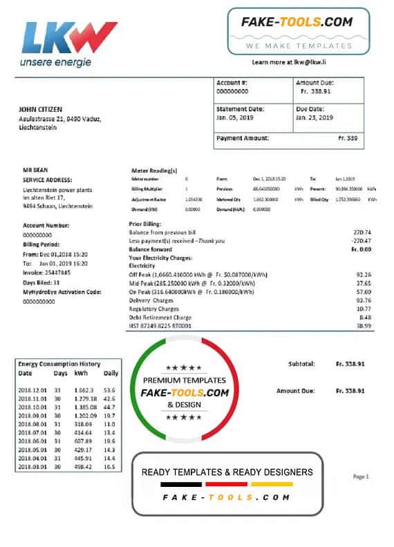 Liechtenstein Ische Kraftwerke (LKW) electricity utility bill template in Word and PDF format Liechtenstein Ische Kraftwerke (LKW) electricity utility bill template in Word and PDF format