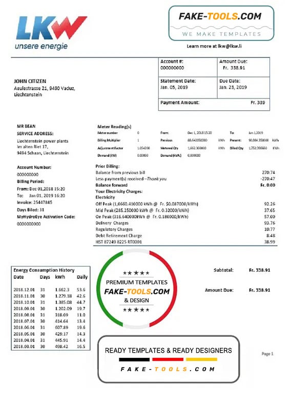 Liechtenstein Ische Kraftwerke (LKW) electricity utility bill template in Word and PDF format Liechtenstein Ische Kraftwerke (LKW) electricity utility bill template in Word and PDF format