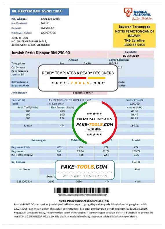 Malaysia Tenaga Nasional electricity utility bill template in Word and PDF format Malaysia Tenaga Nasional electricity utility bill template in Word and PDF format