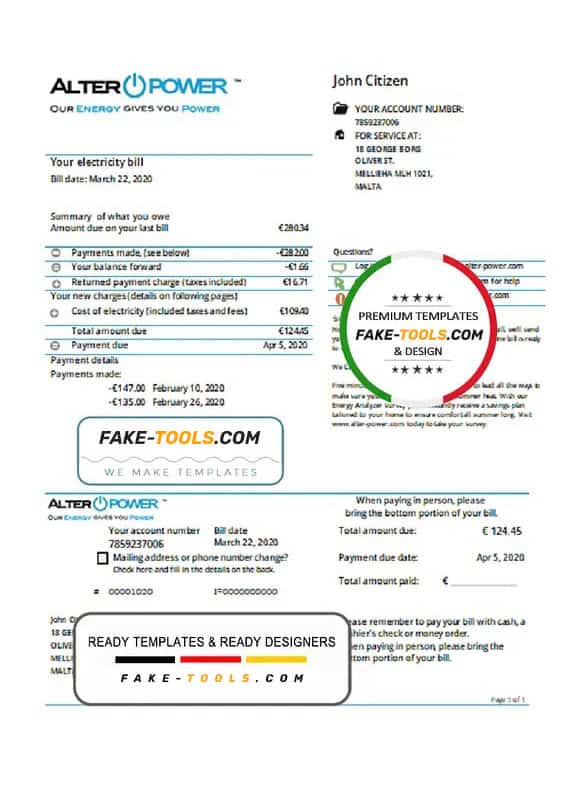 Malta AlterPower Malta proof of address utility bill template in Word and PDF format Malta AlterPower Malta proof of address utility bill template in Word and PDF format