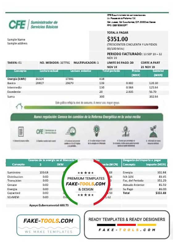 Mexico Federal Electricity Commission (CFE) utility bill template in Word and PDF format, fully editable Mexico Federal Electricity Commission (CFE) utility bill template in Word and PDF format, fully editable