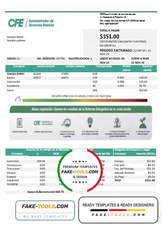 Mexico Federal Electricity Commission (CFE) utility bill template in Word and PDF format, fully editable Mexico Federal Electricity Commission (CFE) utility bill template in Word and PDF format, fully editable