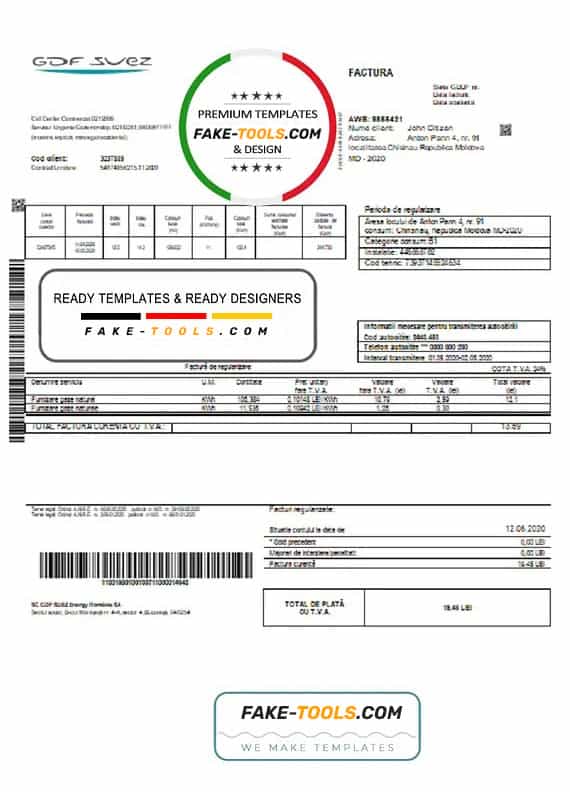 Moldova Gas utility bill template in Word and PDF format Moldova Gas utility bill template in Word and PDF format