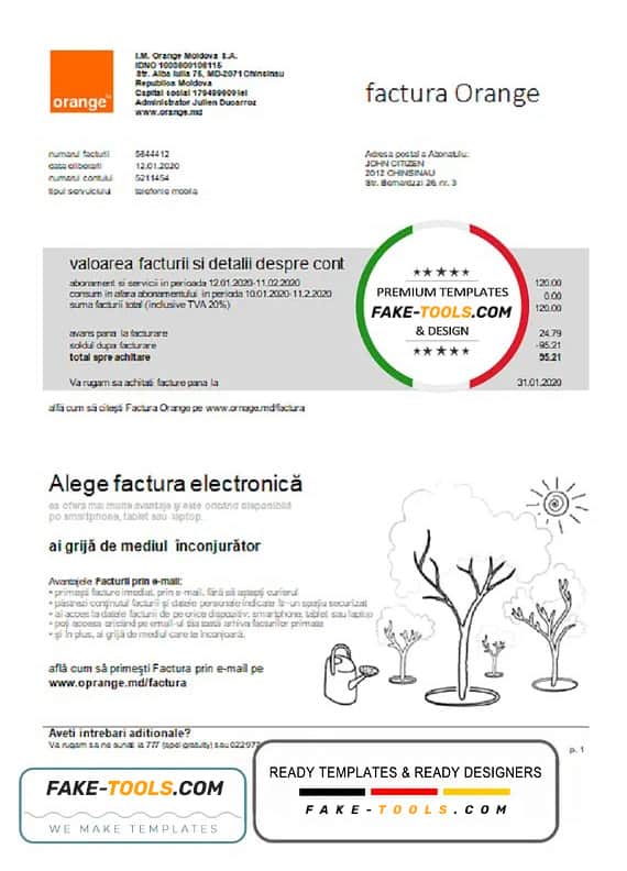 Moldova Orange Factura utility bill template in Word and PDF format Moldova Orange Factura utility bill template in Word and PDF format