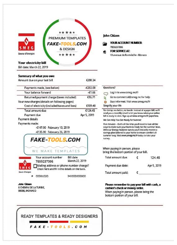 Monaco SMEG electricity utility bill template in Word and PDF format Monaco SMEG electricity utility bill template in Word and PDF format