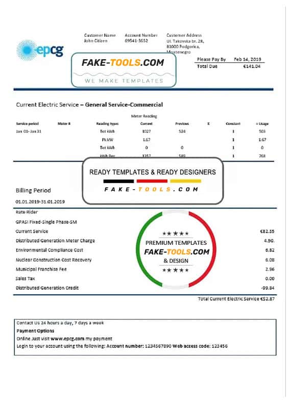 Montenegro Elektroprivreda Crne Gore (EPCG) electricity utility bill template in Word and PDF format Montenegro Elektroprivreda Crne Gore (EPCG) electricity utility bill template in Word and PDF format