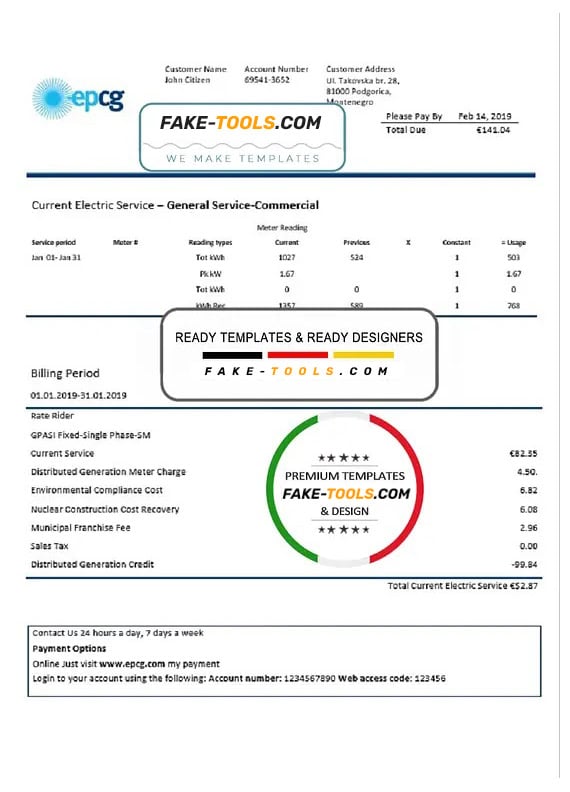 Montenegro Elektroprivreda Crne Gore (EPCG) electricity utility bill template in Word and PDF format Montenegro Elektroprivreda Crne Gore (EPCG) electricity utility bill template in Word and PDF format