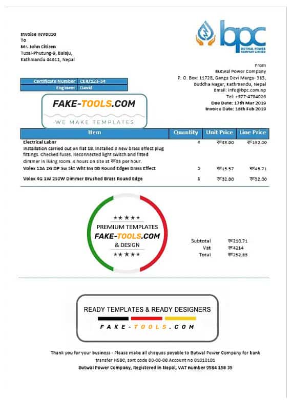 Nepal Butwal Power Company Limited electricity utility bill template in Word and PDF format Nepal Butwal Power Company Limited electricity utility bill template in Word and PDF format
