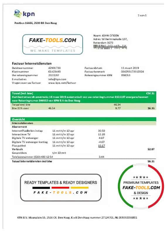 Netherlands KPN utility bill template in Word and PDF format Netherlands KPN utility bill template in Word and PDF format