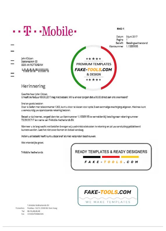 Netherlands T-Mobile utility bill template in Word and PDF format Netherlands T-Mobile utility bill template in Word and PDF format