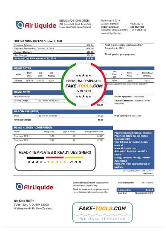 New Zealand Air Liquide gas utility bill template in Word and PDF format New Zealand Air Liquide gas utility bill template in Word and PDF format