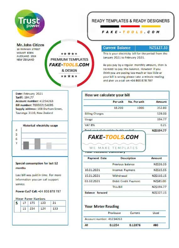 New Zealand Trustpower utility bill template in Word and PDF format New Zealand Trustpower utility bill template in Word and PDF format