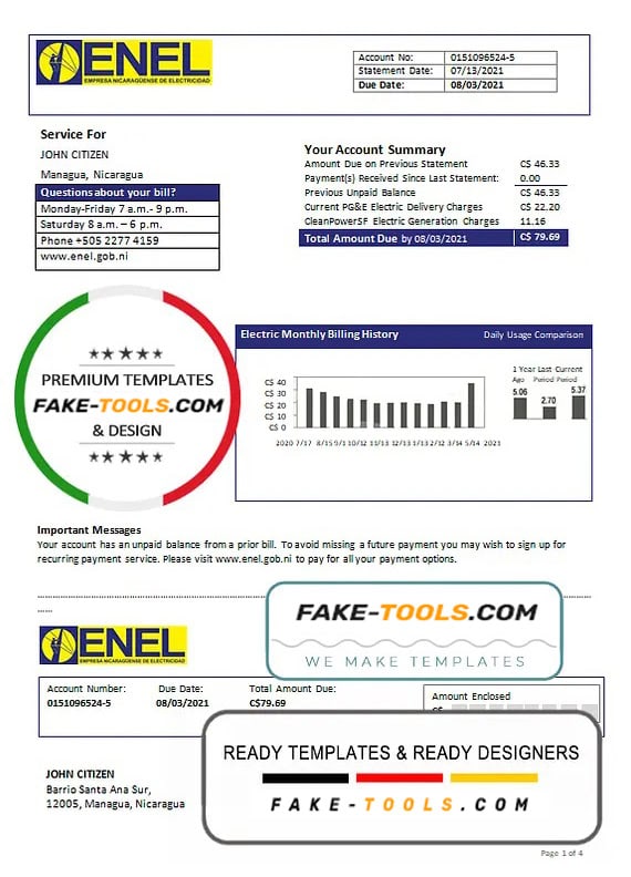 Nicaragua Nicaraguan Electricity Company ENEL electricity utility bill template in Word and PDF format Nicaragua Nicaraguan Electricity Company ENEL electricity utility bill template in Word and PDF format