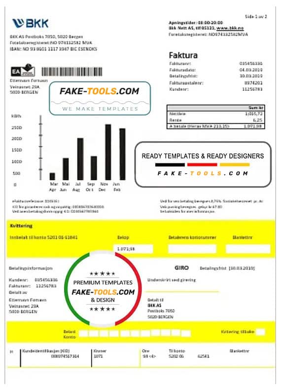 Norway BKK electricity utility bill template in Word and PDF format, good for address prove Norway BKK electricity utility bill template in Word and PDF format, good for address prove