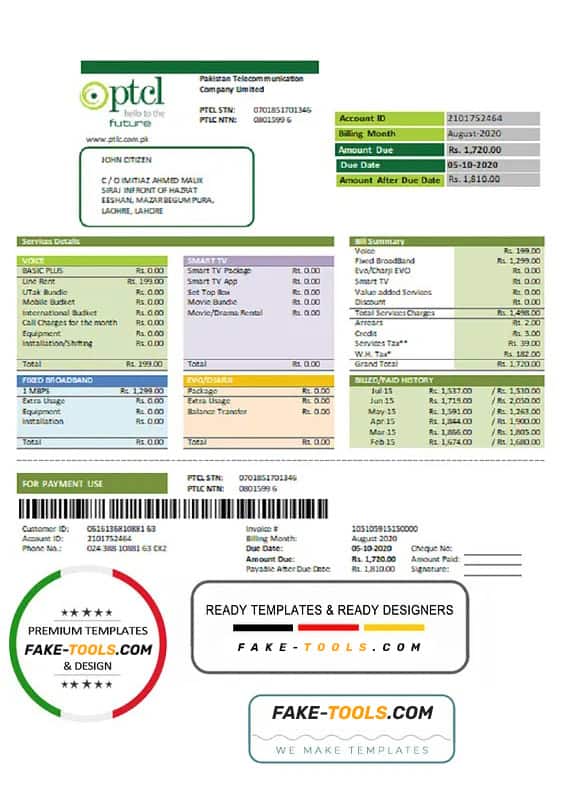Pakistan PTCL utility bill template in Word and PDF format Pakistan PTCL utility bill template in Word and PDF format