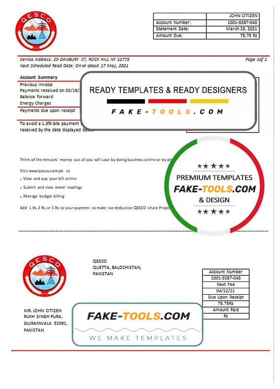 Pakistan Quetta Electric Supply Company electricity utility bill template in Word and PDF format Pakistan Quetta Electric Supply Company electricity utility bill template in Word and PDF format