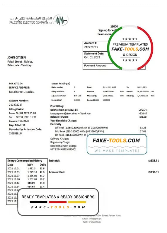 Palestine Electric Company (PEC) utility bill template in Word and PDF format Palestine Electric Company (PEC) utility bill template in Word and PDF format