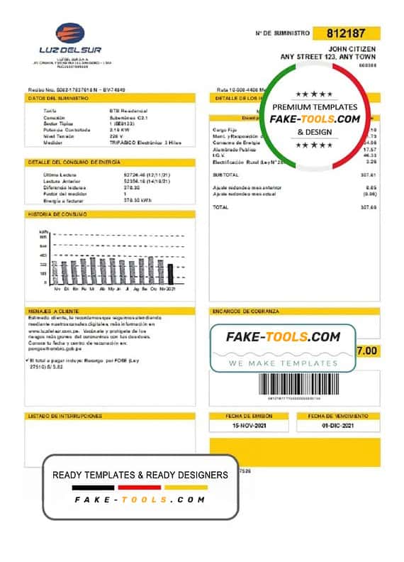 Peru Luz Del Sur utility bill template, fully editable in PSD format Peru Luz Del Sur utility bill template, fully editable in PSD format